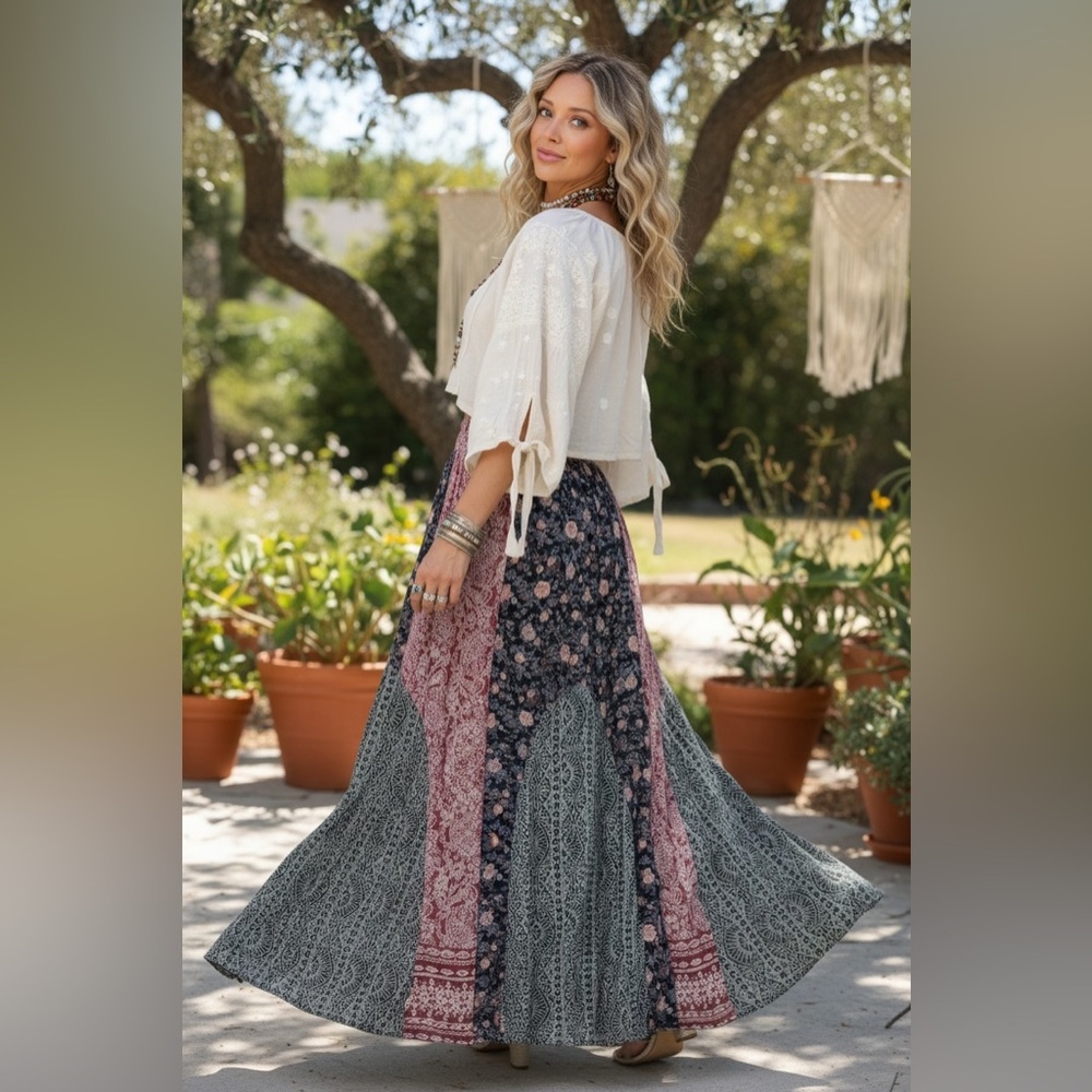 NWT Angie Boho Mixed Media Floral Print Maxi Skirt - Picture 7 of 9